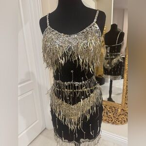 Sequin Fringe Camisole Top and matching fringe skirt - Black and Silver